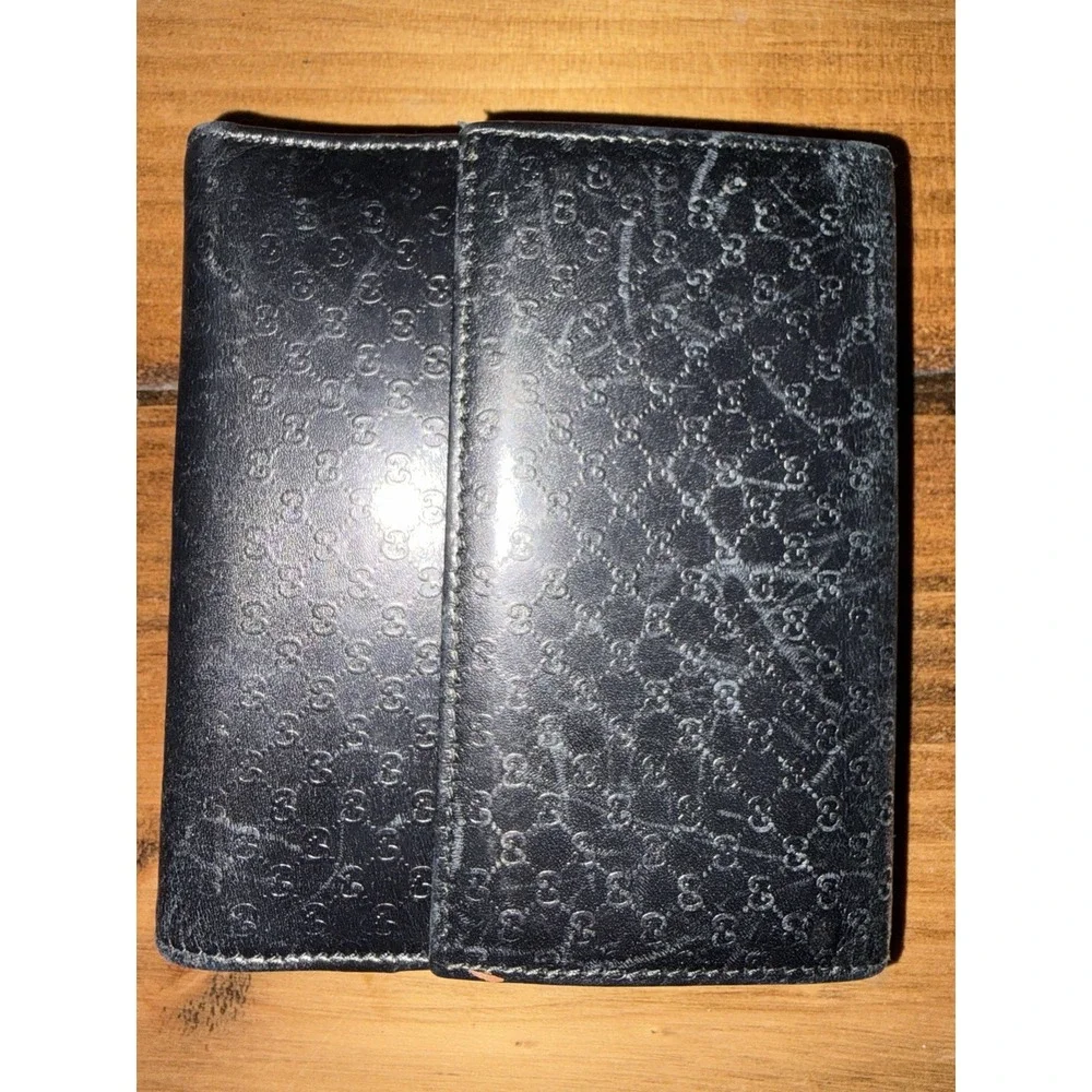 Auth GUCCI Jackie Leather Square Compact Bifold Wallet Black Gold  W/COA Used